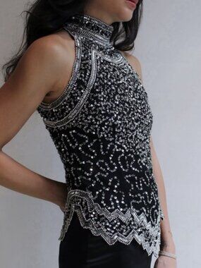Styleworks Vintage 90s Style 100% Silk Black / Silver Sequins and Beads Top